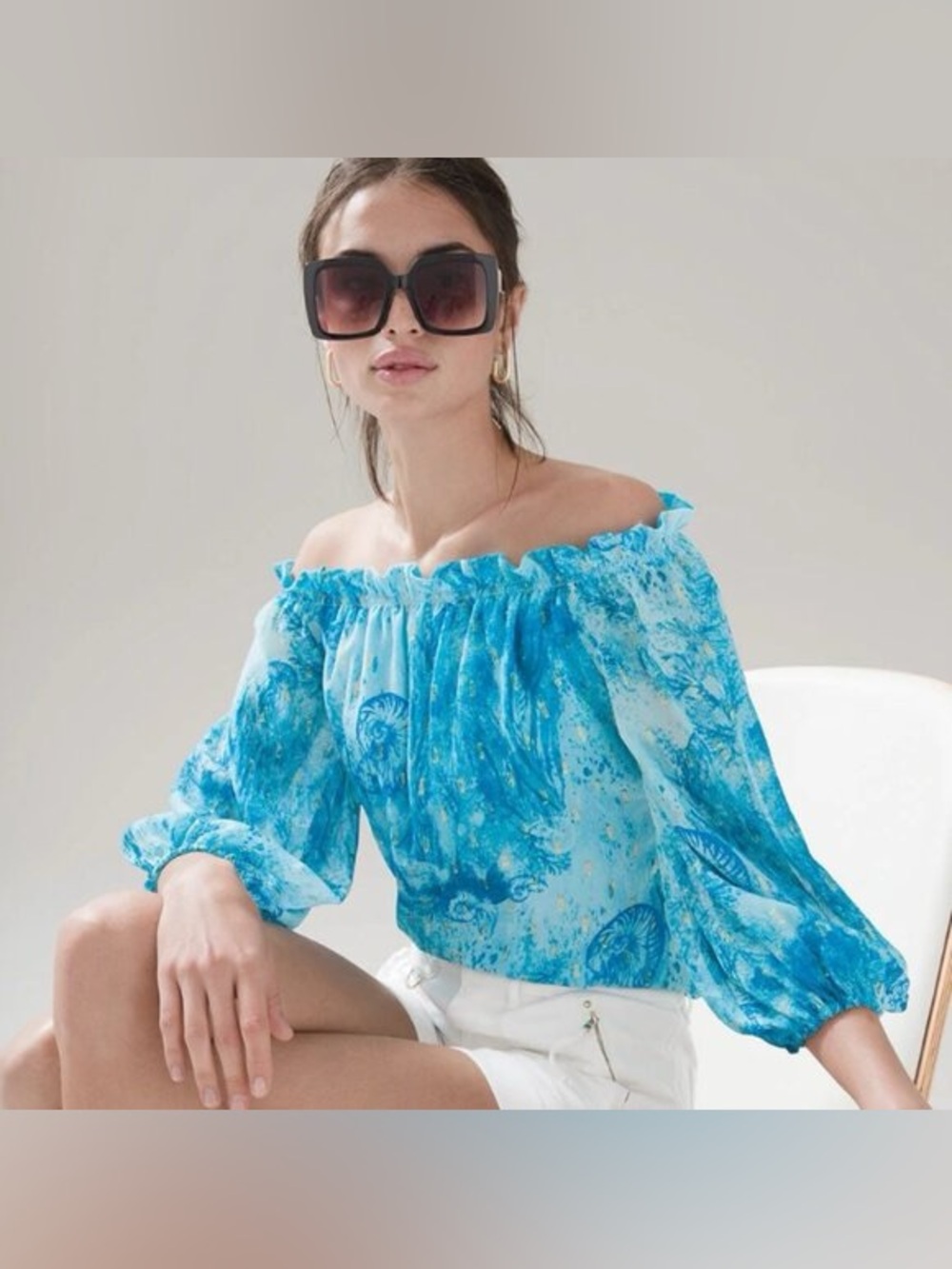 White House Black Market Blue Floral Off-Shoulder Blouse